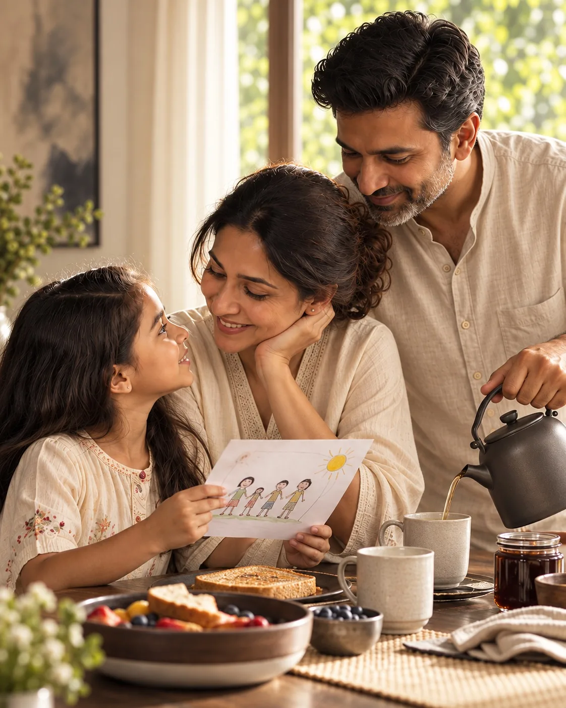 A family together at breakfast, a daughter showing her parents a drawing of the family