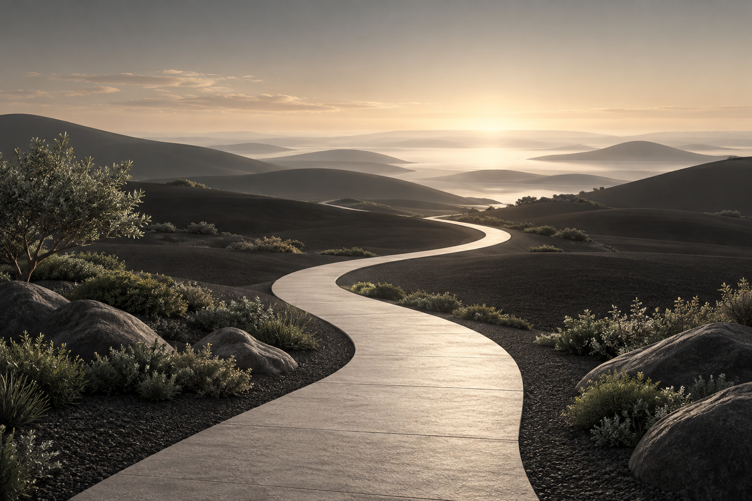 A path winding toward the light, illustrating a life where work is a choice